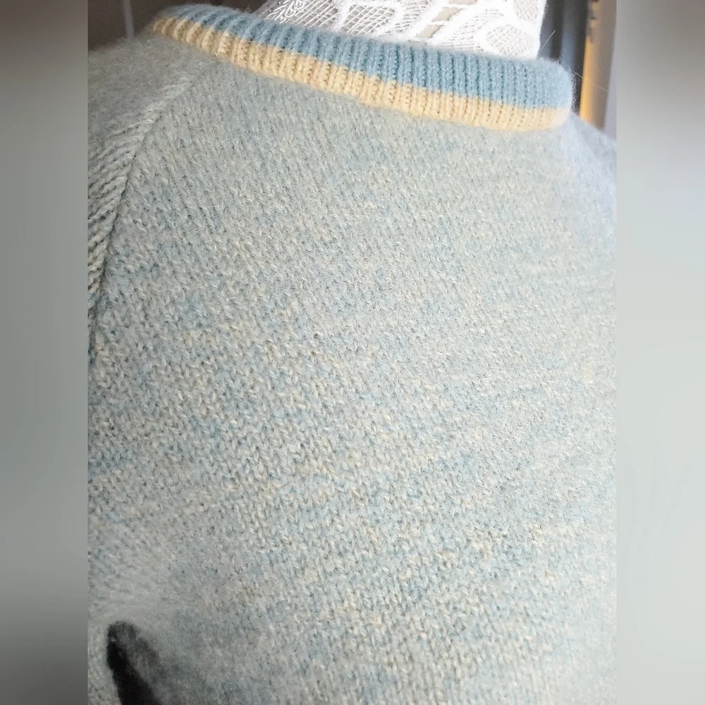 Vintage 70s Sears Shetland Wool Blue Ivory Sweater Dress Knit S / M - Picture 7 of 16